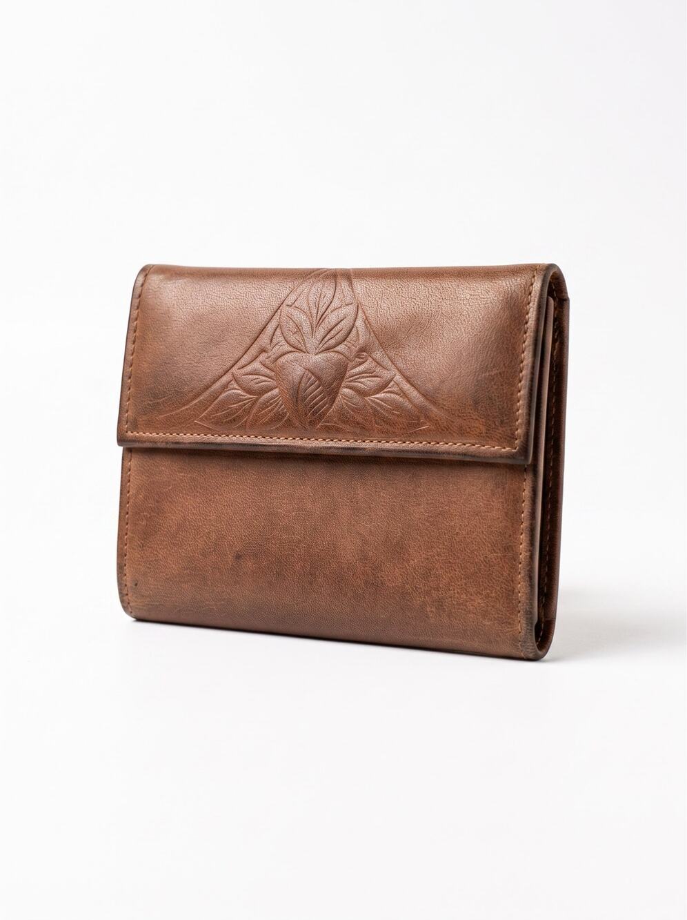 VTG Rolf's Brown Tooled Leather Cowhide Bifold Bohemian Wallet Floral Photos